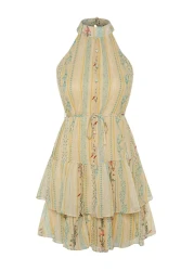  Collection Yellow Floral Print A-Line Layered Lined Chiffon Flight Flight Woven Mini Dress Twoss23El02056