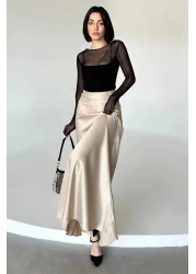 Maude تنورة نسائية بيج فلوش فيسكوز من الساتان بحزام مطاطي وسحاب طويل على شكل حرف A