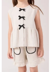 Minipodyum بدلة صيفية من الكتان مكونة من قطعتين مع شورتات مزينة بفيونكة للفتيات