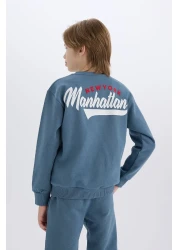 Defacto طقم سويت شيرت وبنطال رياضي للأولاد مكون من قطعتين - رقبة دائرية، طباعة، خصر مطاطي D3564a824wn