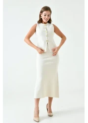 vuvutasarım High Waist Midi Length Sleeveless Stretchy Knitwear Set - Buttoned Vest, Ecru 5155