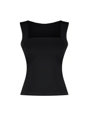  Collection Black Solid Square Neck Straps Shirred Fitted/Fitted Stretchy Knitted Blouse Twoss24Bz00400