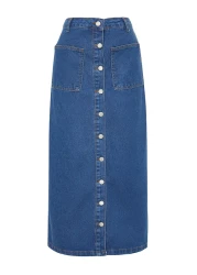  Collection High Waist Dark Indigo Maxi Denim Jeans Skirt - Double Pockets and Front Buttoned Tctss23Ee00002