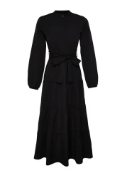  Modest فستان منسوج بحزام أسود وأزرار وطية صدر السترة TCTSS21EL3343