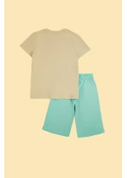 TRENDYOLKIDS النعناع الصبي القطن شعار نمط تي شيرت السراويل مجموعة محبوك أسفل أعلى مجموعة TKDSS24AU00030