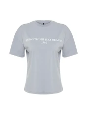  Collection Gray 100% Cotton Slogan Printed Relaxed/Wide Relaxed Cut Knitted T-Shirt TWOSS19GH0034