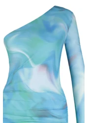  Collection فستان طويل مرن من التول منقوش باللون الأزرق TWOSS23EL01799