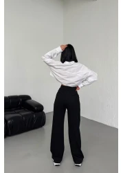 CNRCollection بنطلون بالازو نسائي أسود عالي الخصر مطوي بأزرار من الليكرا قابل للتمدد مقاس كبير غير رسمي