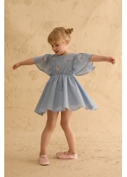 Fahhar Kids Flounced Embroidered Cotton Dress Light Blue