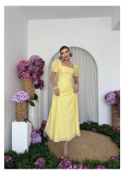 Julidress Yellow Embroidered Lined Balloon Sleeve Midi Length Premium Linen Dress