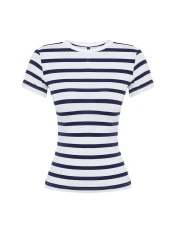  Collection Navy Blue Striped Knitted Blouse with Stretchy Viscous Fabric - Twoss24Bz00296