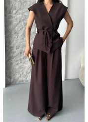 spirituel Women's Double Bottom Top Suit Lace-Up Loose Cut Flowy Summer Short Sleeve Kimono Jacket Palazzo Pants