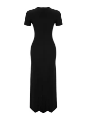  Collection Black Short Sleeve Bodycone/Fitted Crew Neck Flexible Knitted Maxi Pencil Dress TWOSS24EL00097