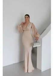 1Moda1Tarz فستان نسائي مستورد من قماش الكريب بأكمام وصدر شيفون مطرز بالأحجار بتصميم خاص