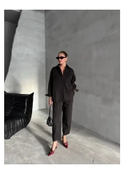 Laluvia Black Marlin Belted Shirt Trousers Set - 8453