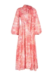  Modest Red Floral Patterned Lined Long Chiffon Evening Dress TCTSS24EB00040