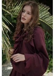 Hooopstore Boho Voile Burgundy Blouse Skirt Set