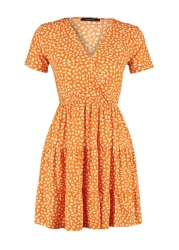  Collection Orange Printed Double Breasted Neck Mini Stretchy Knitted Dress TWOSS21EL0241