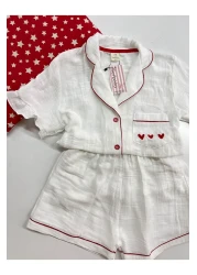 Serbella Red Love White Organic Muslin Shorts Pajama Set Cotton Anti-Sweat