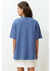  Collection Indigo 100% Cotton Color Blocked City Printed Oversize/Wide Cut Knitted T-Shirt TWOSS24TS00079