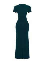  Collection Emerald Green Short Sleeve Fitted Crew Neck Flexible Knitted Maxi Pencil Dress TWOSS24EL00097