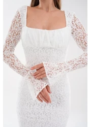 bayansepeti قماش دانتيل مبطن باللون الأبيض، تصميم رقبة مربعة، تصميم بأكمام طويلة من الدانتيل، فستان متوسط الطول 209