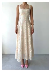 Julidress فستان كتان بتصميم مميز مع تطريز وحزام بنمط زهرة وردية ثلاثية الأبعاد