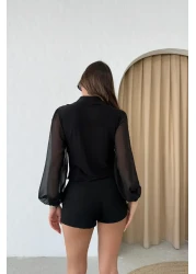 RB CLUB Button Detailed Sleeves Chiffon Blouse Black