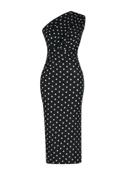  Collection فستان أسود مطبوع بكتف واحد غير متماثل برباط مفصل محبوك TWOSS23EL02182