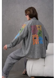 Miss Allos Women's Back and Sleeves Sequin Sequin Embroidered Linen Kimono Coat and Pants Bottom Top Suit