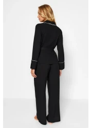  Collection Double Breasted Cut Viscose Black Pajamas Set - Belted and Piping Detail Thmaw22pt1109
