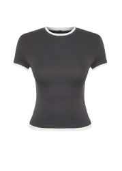  Collection تي شيرت محبوك مرن من نسيج أنثراسايت اللزج/الناعم ذو كتلة الألوان مناسب للجسم TWOSS24TS00063