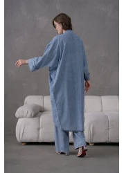 Miss Allos طقم كيمونو نسائي من قماش الدنيم المطرز بالترتر والترتر واللؤلؤ واللؤلؤ وسروال من قماش الدنيم