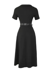 Collection Black Button Detailed Skater/Belt Opening Midi Woven Dress TWOSS22EL1185