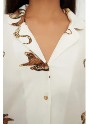  Collection Ecru Tiger Pattern Viscose Shirt-Shorts Woven Pajamas Set THMAW21PT0340