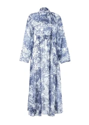  Modest Blue Floral Patterned Lined Long Chiffon Evening Dress TCTSS24EB00040