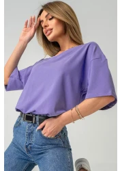 Happyfox V-Neck Unprinted Oversize Women's T-Shirt - Cotton and Lycra, Basic Blue Purple