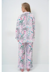 Trend Alaçatı Stili Women's Powder Piping Detailed Digital Printed Satin Long Shirt and Pants Pajama Set Pjm-X13913