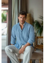  Collection Blue Unisex Regular Fit 100% Cotton Linen Look Shirt Tmnss23Go00099