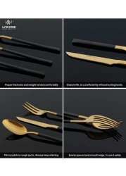 LIFE SMILE Cutlery Set, 18/10 Pure Stainless Steel Flatware Set with Stand, Rust Proof &amp; Fade Proof Dinnerware Set (SHINY GOLD HEAD &amp; SHINY BLACK HANDLE, 38 Pieces)