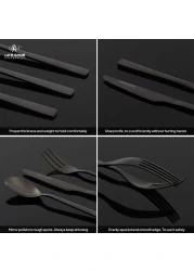LIFE SMILE Cutlery Set, 18/10 Pure Stainless Steel Flatware Set with Stand, Rust Proof &amp; Fade Proof Dinnerware Set (SHINE BLACK, 38 Pieces)