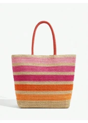 SHEIN BAE Casual Holiday Colorblock Striped Letter Embroidery Tote Bag