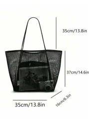 1pc Beach Mesh Tote Bag Casual Tote Bag Women Foldable Shoulder Handbag For Beach Picnic Vacation Large Capacity Waterproof Beach Bag Lightweight Foldable Beach Bag Portable Travel Bag Travel Essentia