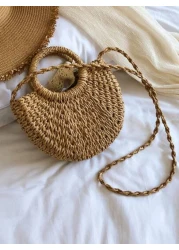 1 Pc Fashionable Bohemian Vacation Style Solid Color Woven Grass With Ribbon Decoration Circular Handle Women s Hand Held Beach Bag Suitable For Leisure Travel Vacation Simple Clothing Matching And Ou
