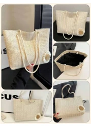 Versatile Solid Color Straw Tote Bag For Women Fashion Large Capacity Woven Underarm Bag Boho Style Small Daisy Decoration Shoulder Bag Lightweight Daily Commuting Shopping Beach Bags Exquisite Summer