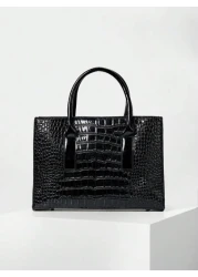 Women s Faux Crocodile Embossed Black Tote Bag Large Capacity Shoulder Bag Handbag Crossbody Bag Simple Crocodile Pattern Tote Bag Faux Leather Shoulder Bag Women s Classic Handbag Business Casual Wom