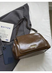 حقيبة جلدية مشمعة للنساء مع سلسلة كتف ، حقيبة عبر الجسم كبيرة