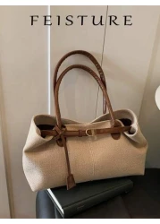 قطعة واحدة من حقيبة اليد المنسوجة من القش الصيفية من علامة FEISTURE، حقيبة على الشاطئ، تصميم حزام مع إبزيم كبير ال