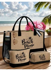 Beach Themed Beach Tote Bag Set For Women Printed With Artistic Letters Beach Beach And Coconut Tree Pattern Large Capacity Handbag And Two Makeup Bags