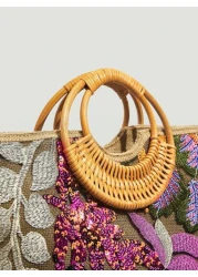 SHEIN VCAY Leaf Flower Pattern Top Handle Bag Sequin Embroidery Detail Woven Bag Perfect For Summer Beach Travel Vacation For Outdoor Holiday Picnic Summer Essentials Perfect For Vacation Holiday Exqu